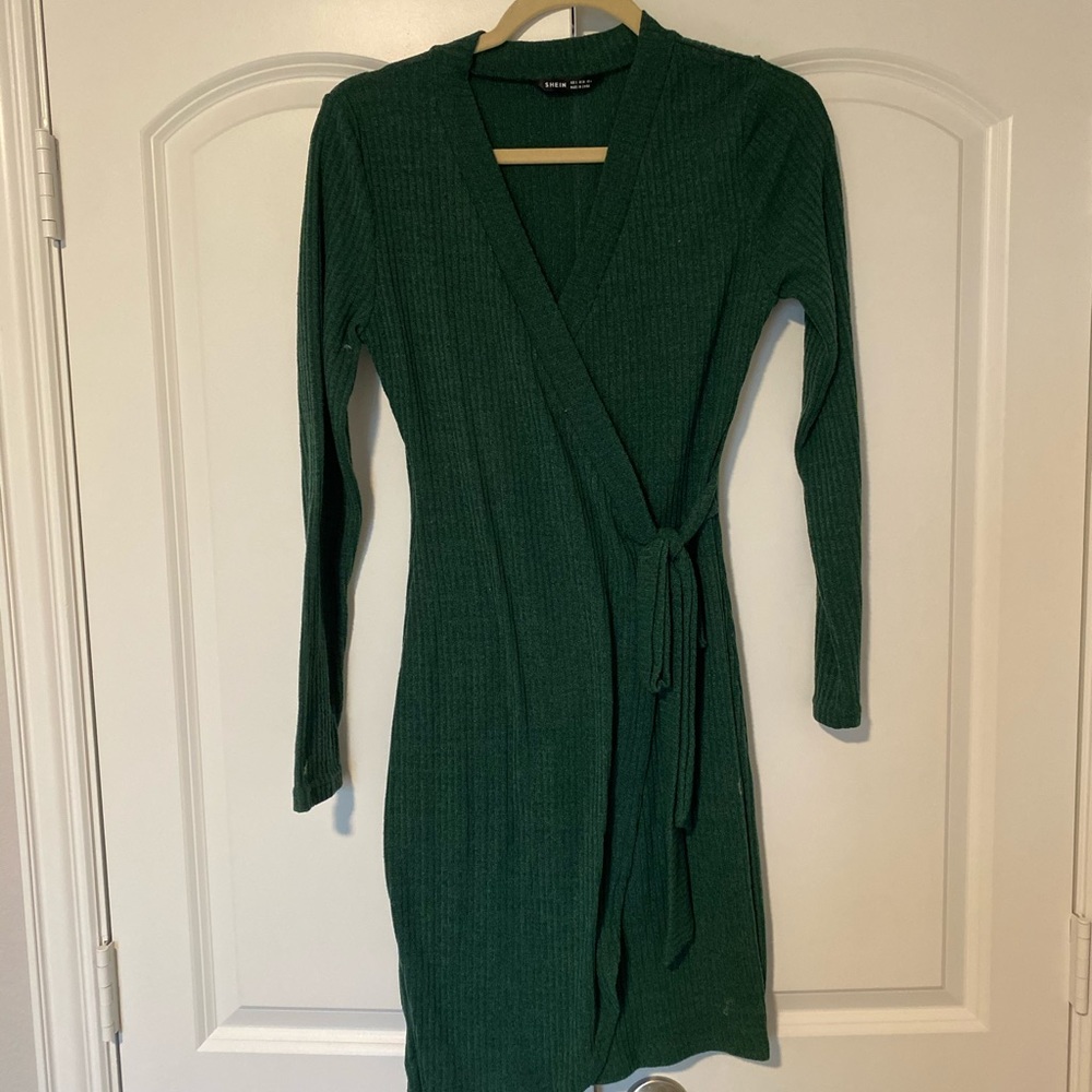 Dark Green Sweater Wrap Dress - Picture 4 of 7
